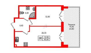 Квартира в ЖК Парусная 1, 1 комнатная, 45.4 м², 1 этаж