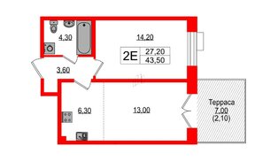 Квартира в ЖК Парусная 1, 1 комнатная, 43.5 м², 1 этаж