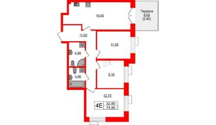 Квартира в ЖК Парусная 1, 3 комнатная, 74.9 м², 1 этаж