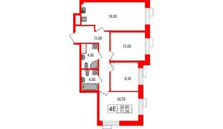Квартира в ЖК Парусная 1, 3 комнатная, 71.3 м², 2 этаж