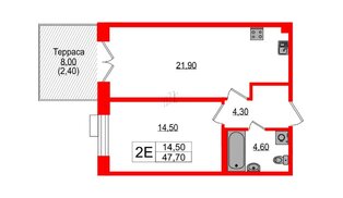 Квартира в ЖК Парусная 1, 1 комнатная, 47.7 м², 1 этаж