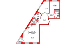 Квартира в ЖК Куинджи, 2 комнатная, 84.1 м², 8 этаж