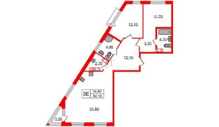Квартира в ЖК Куинджи, 2 комнатная, 84.1 м², 9 этаж