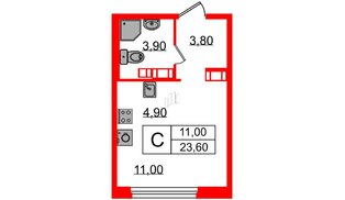 Квартира в ЖК «Куинджи», студия, 23.6 м², 13 этаж