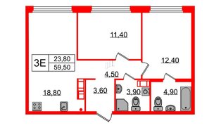 Квартира в ЖК Куинджи, 2 комнатная, 60.9 м², 14 этаж