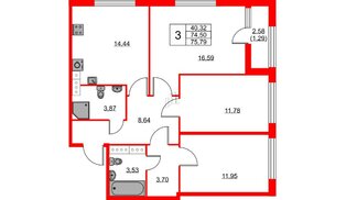Квартира в ЖК Академик, 3 комнатная, 75.79 м², 10 этаж