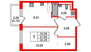 Квартира в ЖК Квартал Торики, 1 комнатная, 32.45 м², 9 этаж