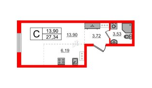 Квартира в ЖК «Аннино Сити», студия, 27.34 м², 4 этаж