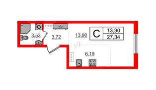 Квартира в ЖК «Аннино Сити», студия, 27.34 м², 4 этаж