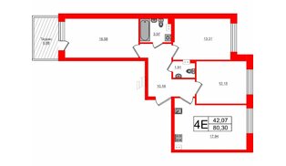 Квартира в ЖК Счастье 2.0, 3 комнатная, 80.3 м², 1 этаж