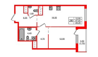 Квартира в ЖК 'OKLA', 1 комнатная, 49.2 м², 7 этаж