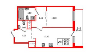 Квартира в ЖК 'OKLA', 1 комнатная, 48 м², 11 этаж
