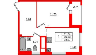 Квартира в ЖК ЦДС Новосаратовка «Город первых», 1 комнатная, 38.97 м², 2 этаж