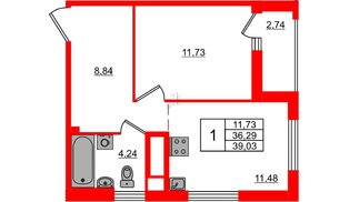 Квартира в ЖК ЦДС Новосаратовка «Город первых», 1 комнатная, 39.03 м², 14 этаж