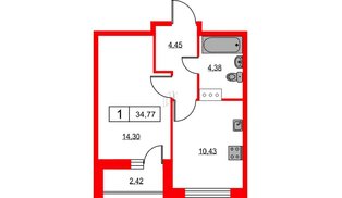 Квартира в ЖК Урбанист, 1 комнатная, 34.77 м², 13 этаж