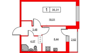 Квартира в ЖК Урбанист, 1 комнатная, 35.31 м², 16 этаж