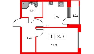 Квартира в ЖК Урбанист, 1 комнатная, 35.14 м², 2 этаж