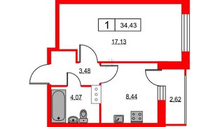Квартира в ЖК Урбанист, 1 комнатная, 34.43 м², 16 этаж