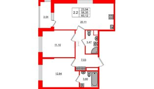 Квартира в ЖК «Город звёзд», 2 комнатная, 58.35 м², 2 этаж