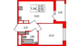 Квартира в ЖК «Город звёзд», 1 комнатная, 32.4 м², 7 этаж