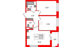 Квартира в ЖК «Город звёзд», 2 комнатная, 51.35 м², 2 этаж