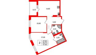 Квартира в ЖК «Экография», 2 комнатная, 57.8 м², 3 этаж