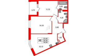 Квартира в ЖК «Экография», 2 комнатная, 58.8 м², 2 этаж