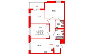 Квартира в ЖК Экография, 3 комнатная, 70 м², 2 этаж