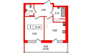 Квартира в ЖК Панорама Невы, 1 комнатная, 33.44 м², 10 этаж