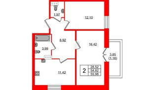 Квартира в ЖК «Рождественский квартал», 2 комнатная, 55.98 м², 3 этаж