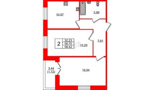 Квартира в ЖК «Рождественский квартал», 2 комнатная, 58.42 м², 2 этаж