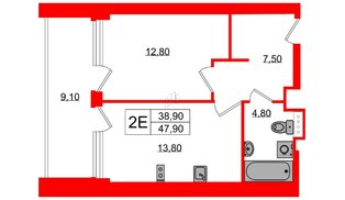 Апартаменты в ЖК Морская Ривьера, 1 комнатные, 47.9 м², 6 этаж