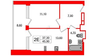 Апартаменты в ЖК Морская Ривьера, 1 комнатные, 45.9 м², 9 этаж