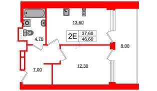 Апартаменты в ЖК Морская Ривьера, 1 комнатные, 46.6 м², 9 этаж