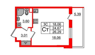 Квартира в ЖК «Парадный ансамбль», студия, 24.67 м², 3 этаж