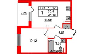 Квартира в ЖК «Парадный ансамбль», 1 комнатная, 32.41 м², 3 этаж