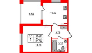 Квартира в ЖК «Парадный ансамбль», 1 комнатная, 31.02 м², 4 этаж