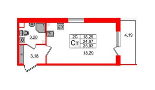 Квартира в ЖК «Парадный ансамбль», студия, 24.67 м², 3 этаж
