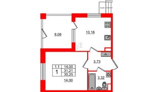 Квартира в ЖК «Парадный ансамбль», 1 комнатная, 31.21 м², 1 этаж