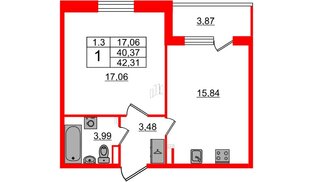 Квартира в ЖК «Парадный ансамбль», 1 комнатная, 40.37 м², 2 этаж