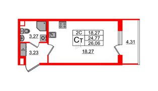 Квартира в ЖК «Парадный ансамбль», студия, 24.77 м², 3 этаж