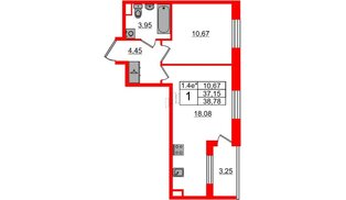 Квартира в ЖК «Парадный ансамбль», 1 комнатная, 37.15 м², 2 этаж