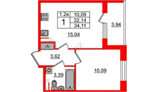 Квартира в ЖК «Парадный ансамбль», 1 комнатная, 32.14 м², 4 этаж