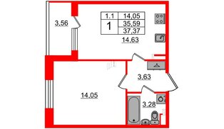 Квартира в ЖК «Парадный ансамбль», 1 комнатная, 35.59 м², 2 этаж