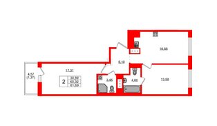 Квартира в ЖК Квартал «Новый Московский», 2 комнатная, 61.57 м², 9 этаж