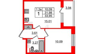 Квартира в ЖК «Парадный ансамбль», 1 комнатная, 31.98 м², 5 этаж