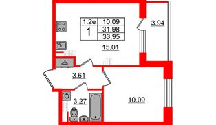 Квартира в ЖК «Парадный ансамбль», 1 комнатная, 31.98 м², 5 этаж