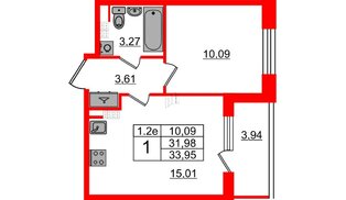 Квартира в ЖК «Парадный ансамбль», 1 комнатная, 31.98 м², 5 этаж