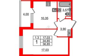 Квартира в ЖК «Парадный ансамбль», 1 комнатная, 34.85 м², 2 этаж