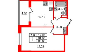 Квартира в ЖК «Парадный ансамбль», 1 комнатная, 34.68 м², 4 этаж